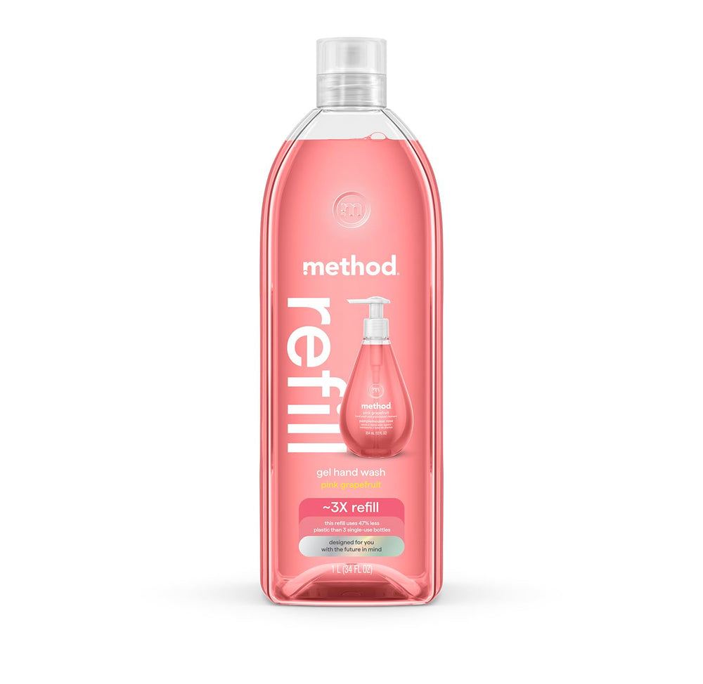 Method Pink Grapefruit hand soap bottle front for daily hand washing.