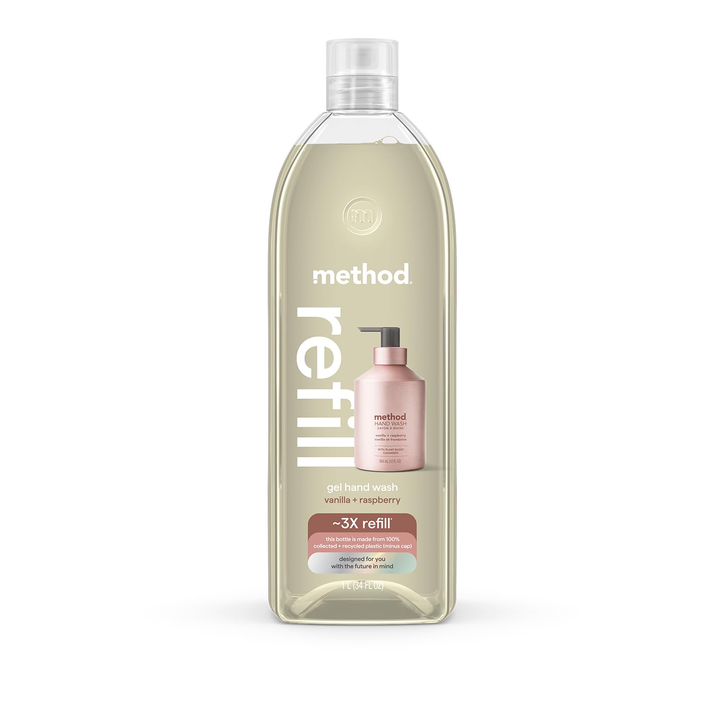 Method Gel Hand Soap Refill bottle shows Vanilla + Raspberry for moisturized hands
