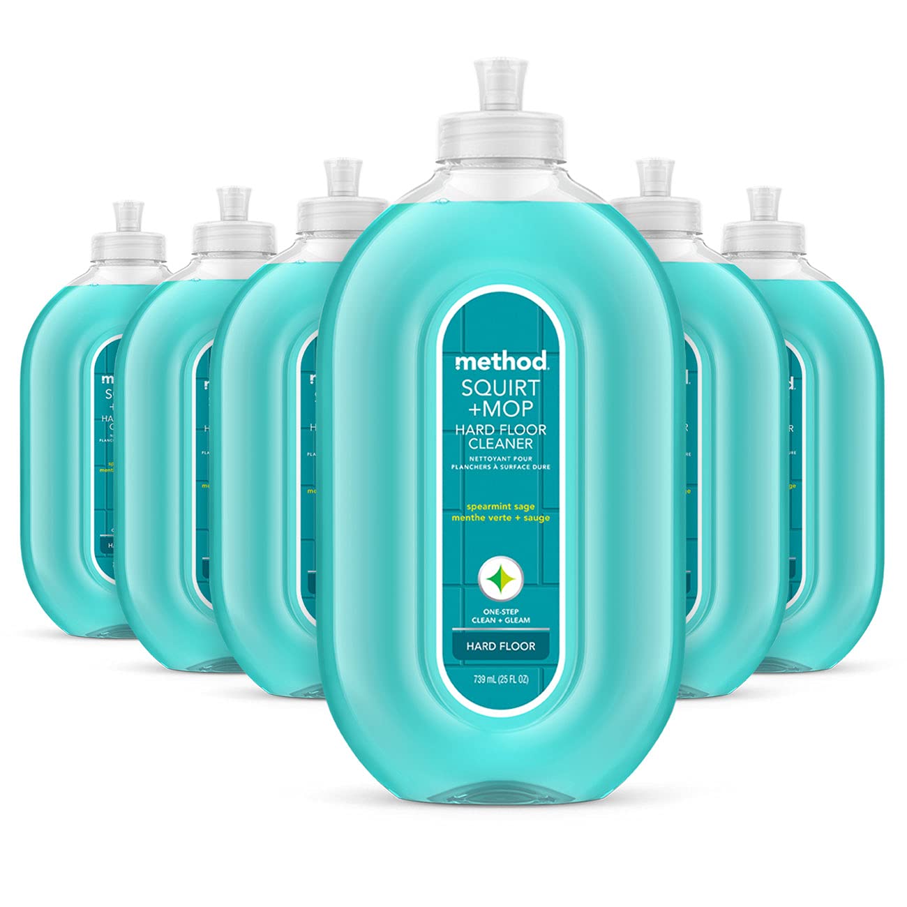Method hardwood floor cleaner bottle with spearmint sage scent for easy one-step cleaning.