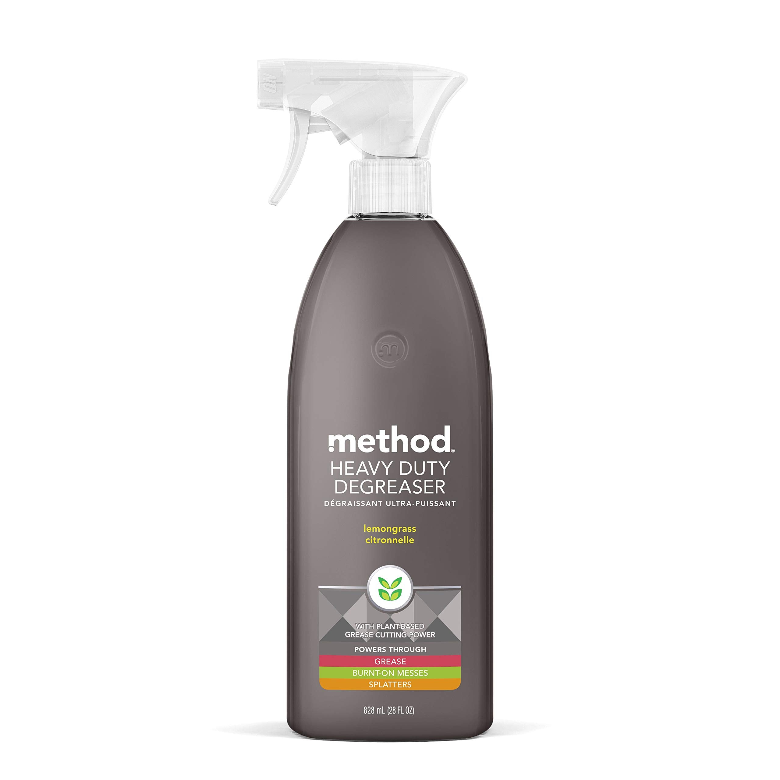 Method heavy duty degreaser bottle pour demonstrates grease cutting power in kitchen