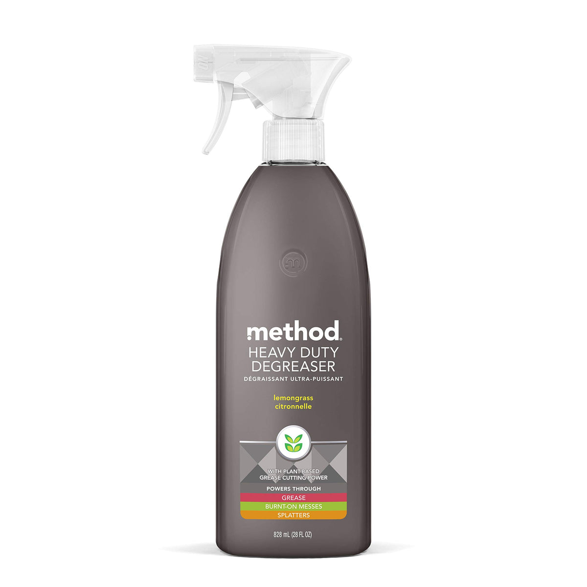 Method heavy duty degreaser bottle pour demonstrates grease cutting power in kitchen