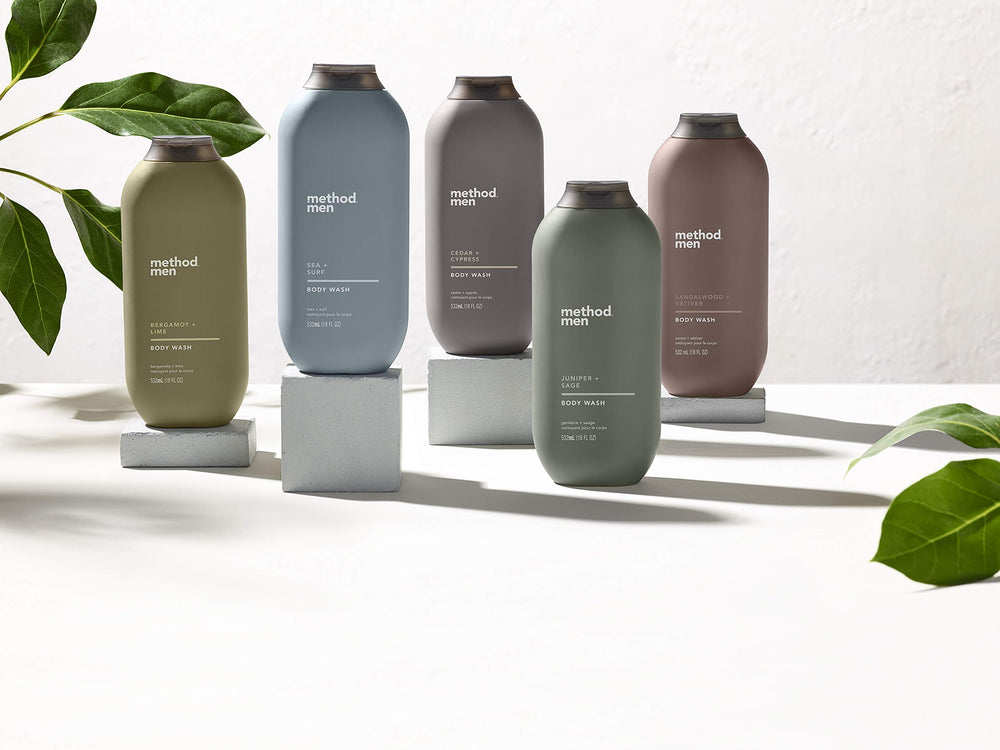 18-ounce Method Men bottle highlighting long-lasting supply