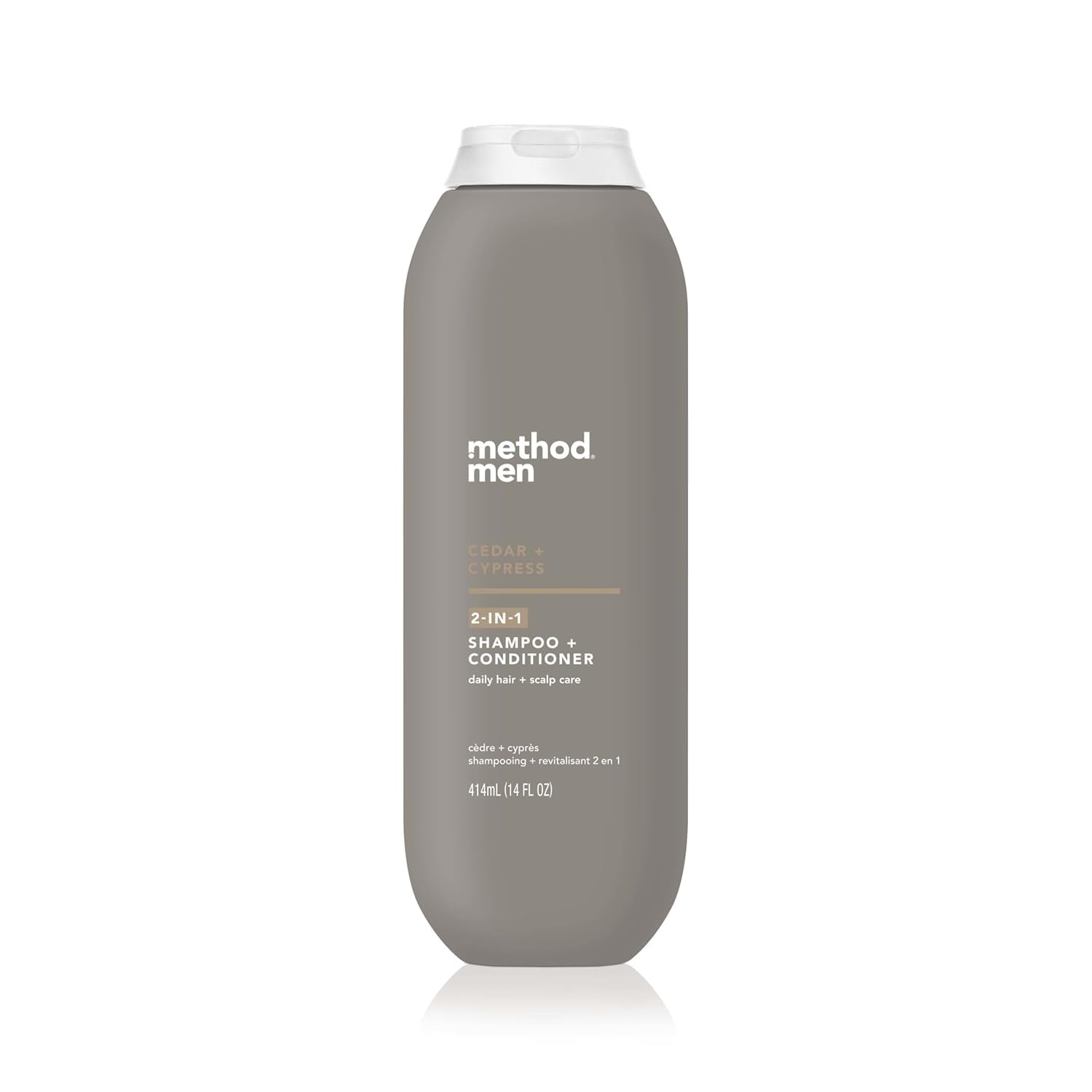 Method Men 2in1 cedar-cypress bottle front shows quick cleansing and conditioning