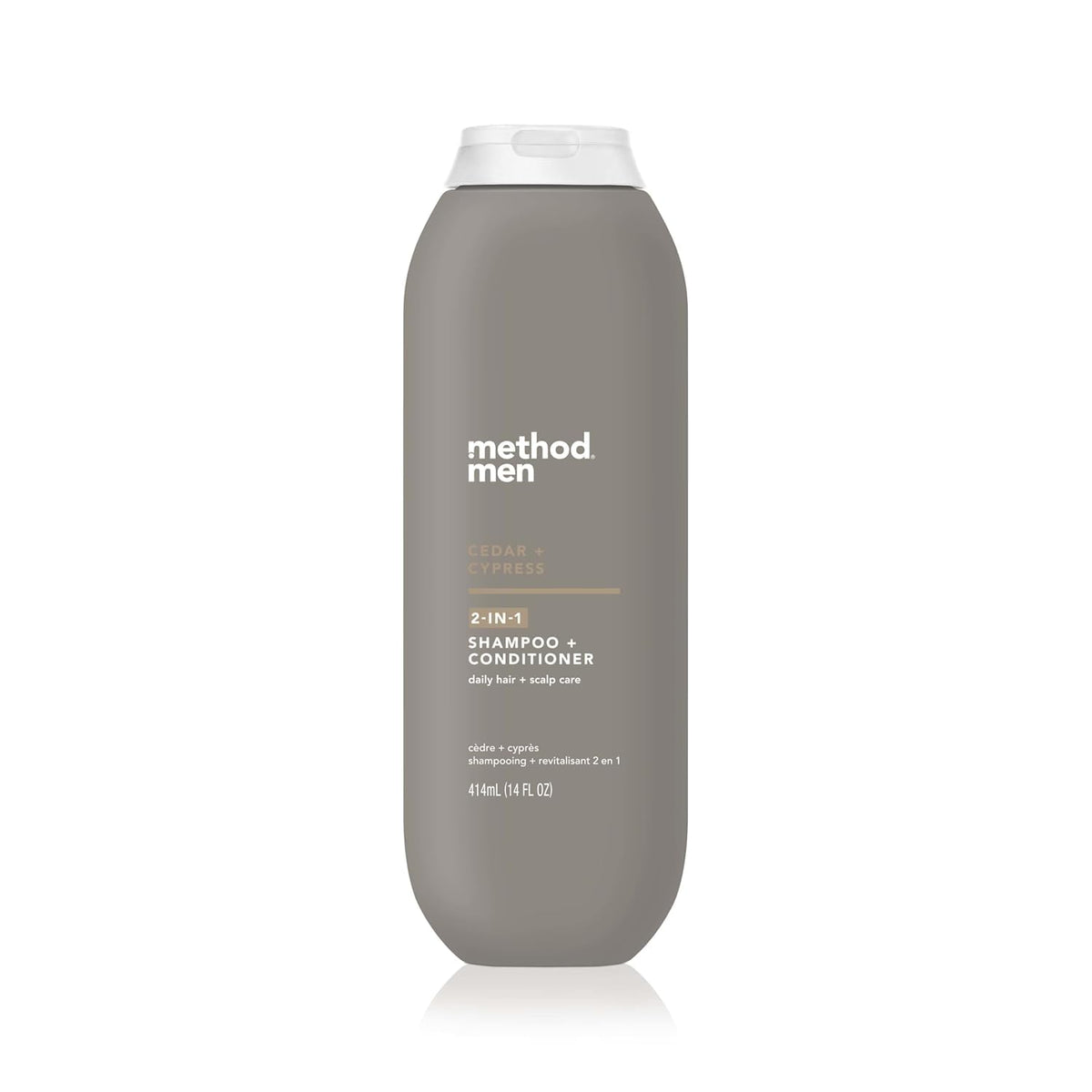 Method Men 2in1 cedar-cypress bottle front shows quick cleansing and conditioning