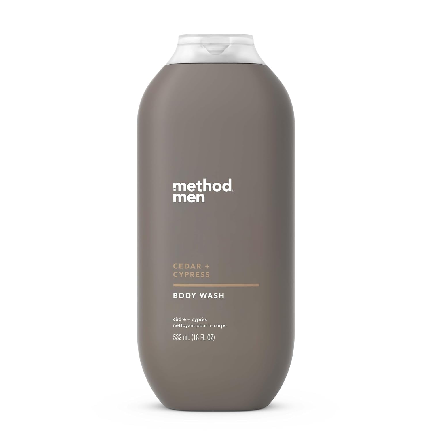 Method Men Cedar and Cypress bottle displays the woodsy scent for a quick, refreshing cleanse.