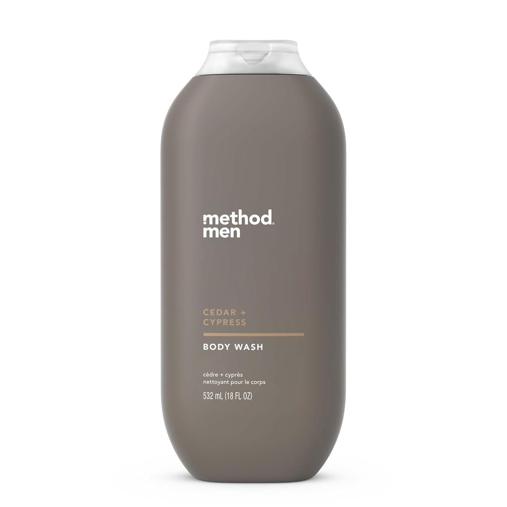 Method Men Cedar and Cypress bottle displays the woodsy scent for a quick, refreshing cleanse.