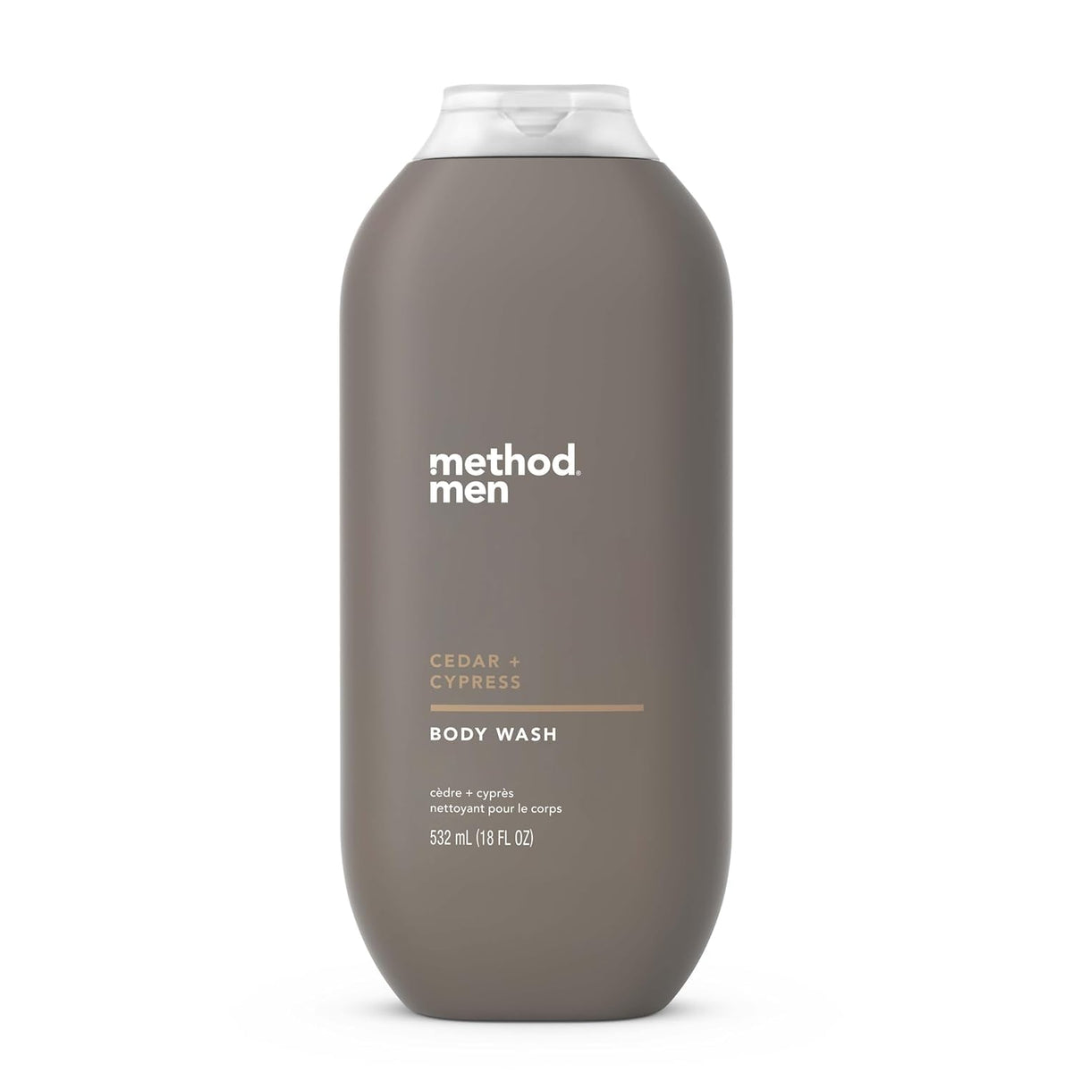 Method Men Cedar and Cypress bottle displays the woodsy scent for a quick, refreshing cleanse.