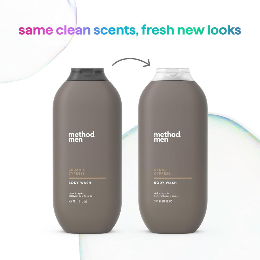 Method Men Cedar and Cypress packaging highlights recyclable bottle and clean ingredients.