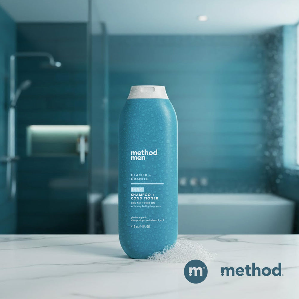 Method Men glacier-granite bottle-back highlights paraben-free and gentle formula.