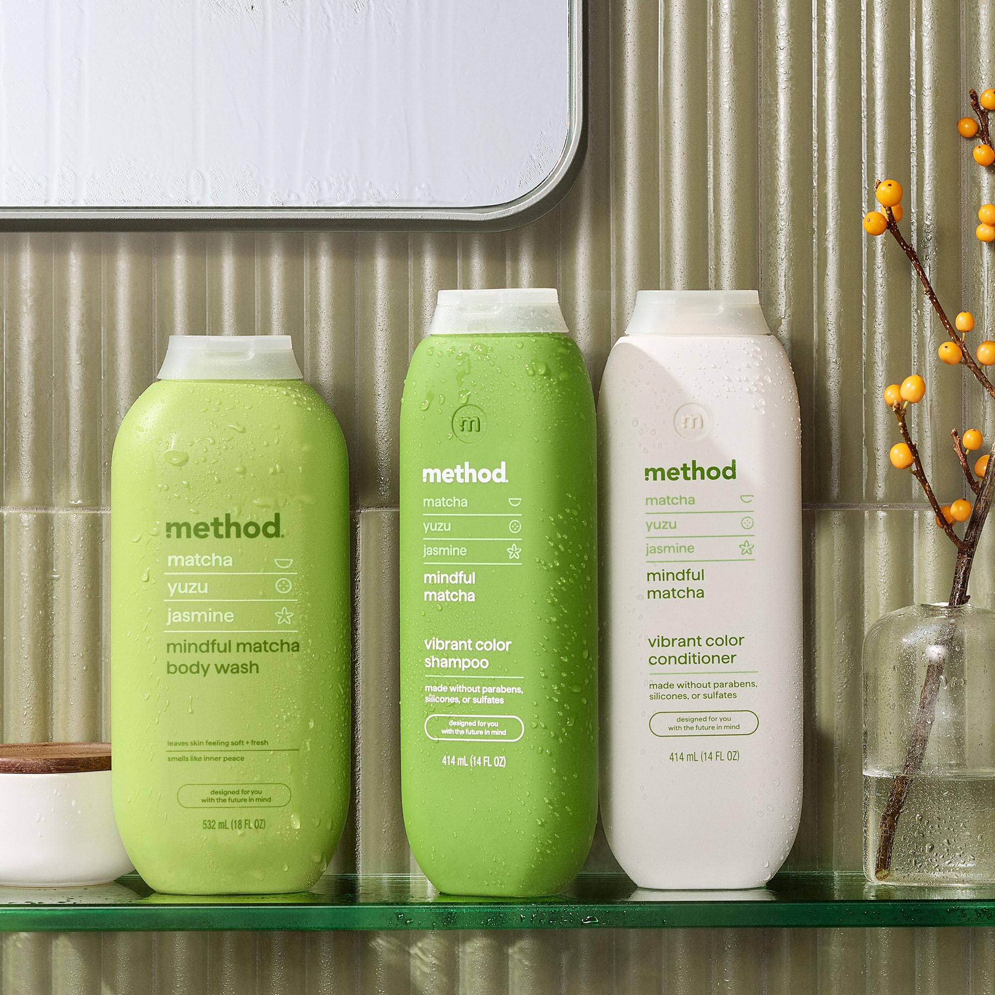 Method Mindful Matcha shower scene with steam and towels.
