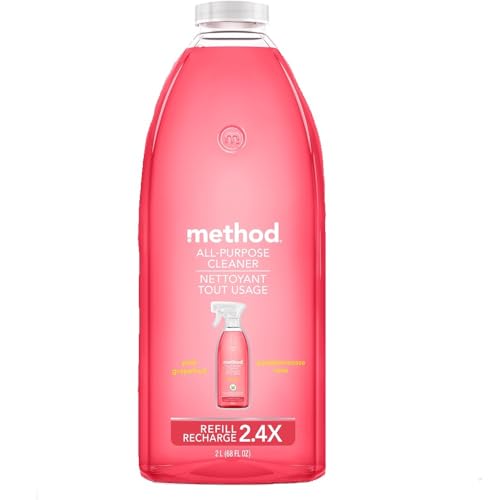 Method pink grapefruit refill bottle shows 68 oz capacity for extended cleaning sessions.