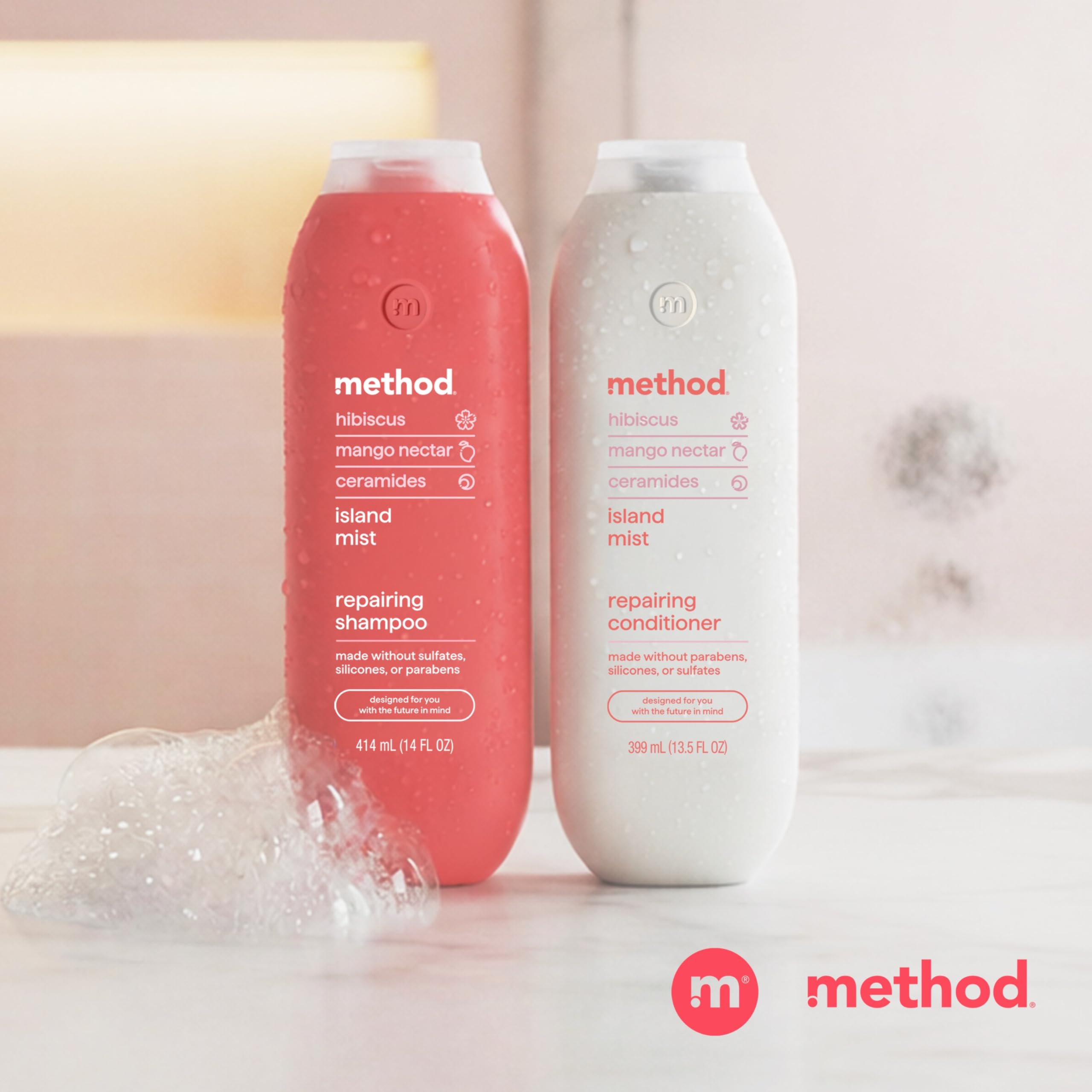 Method Repairing Conditioner Island Mist bottle in bathroom highlights lightweight formula