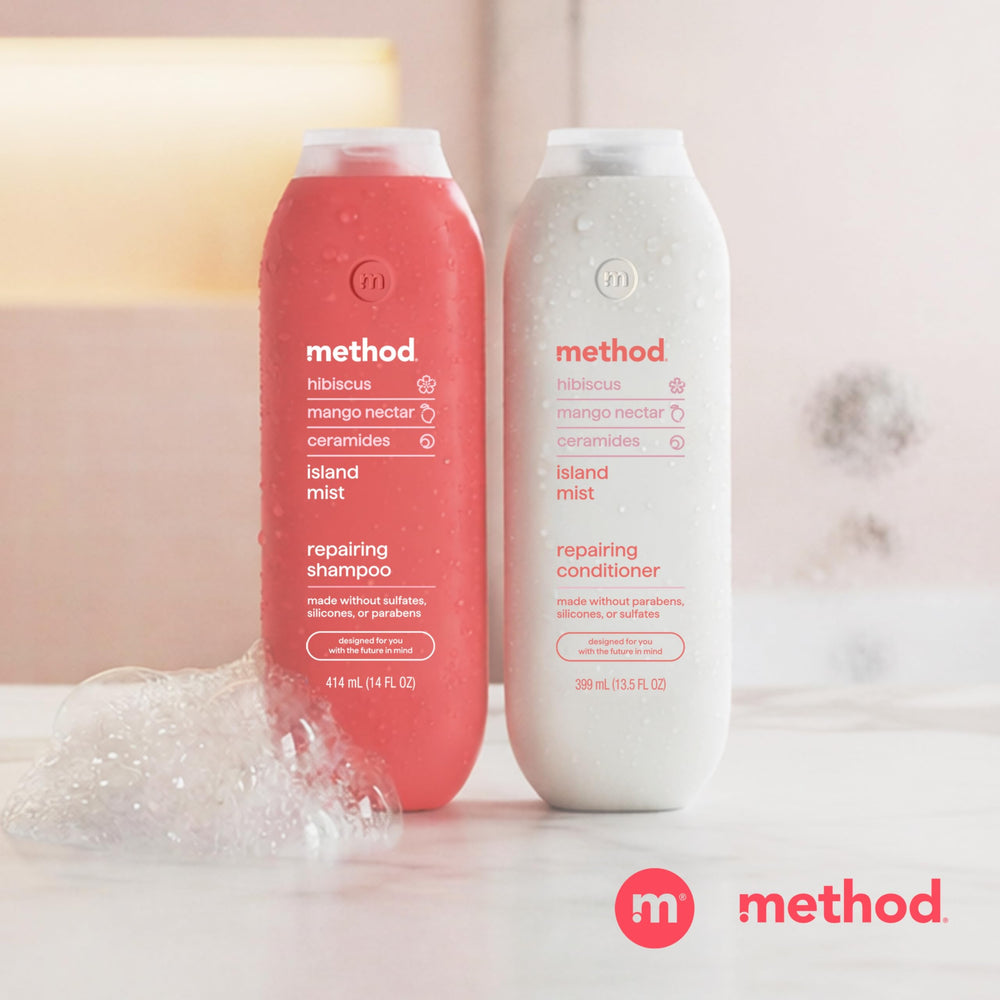 Method Repairing Conditioner Island Mist bottle in bathroom highlights lightweight formula
