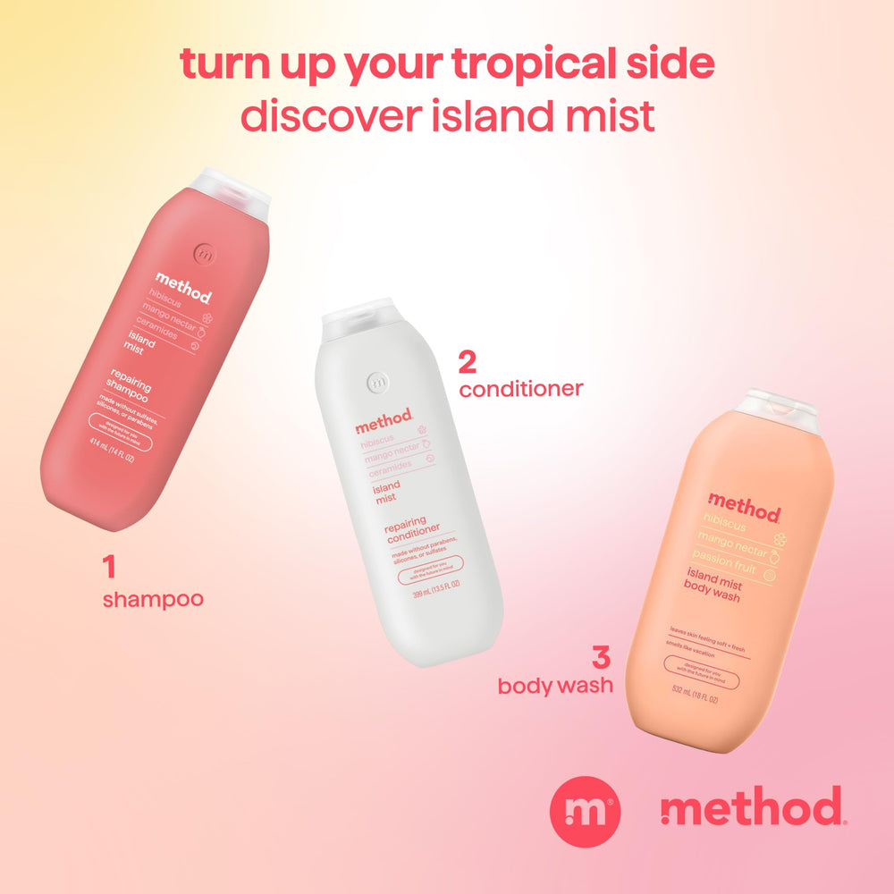 Method Repairing Conditioner Island Mist vanity shot suggests tropical hibiscus and mango scent