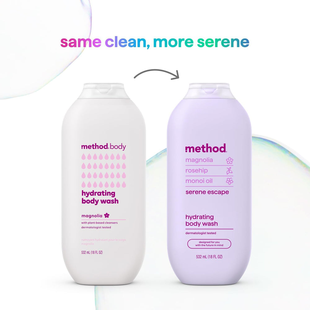 Monoi oil droplets on Method Serene Escape in use