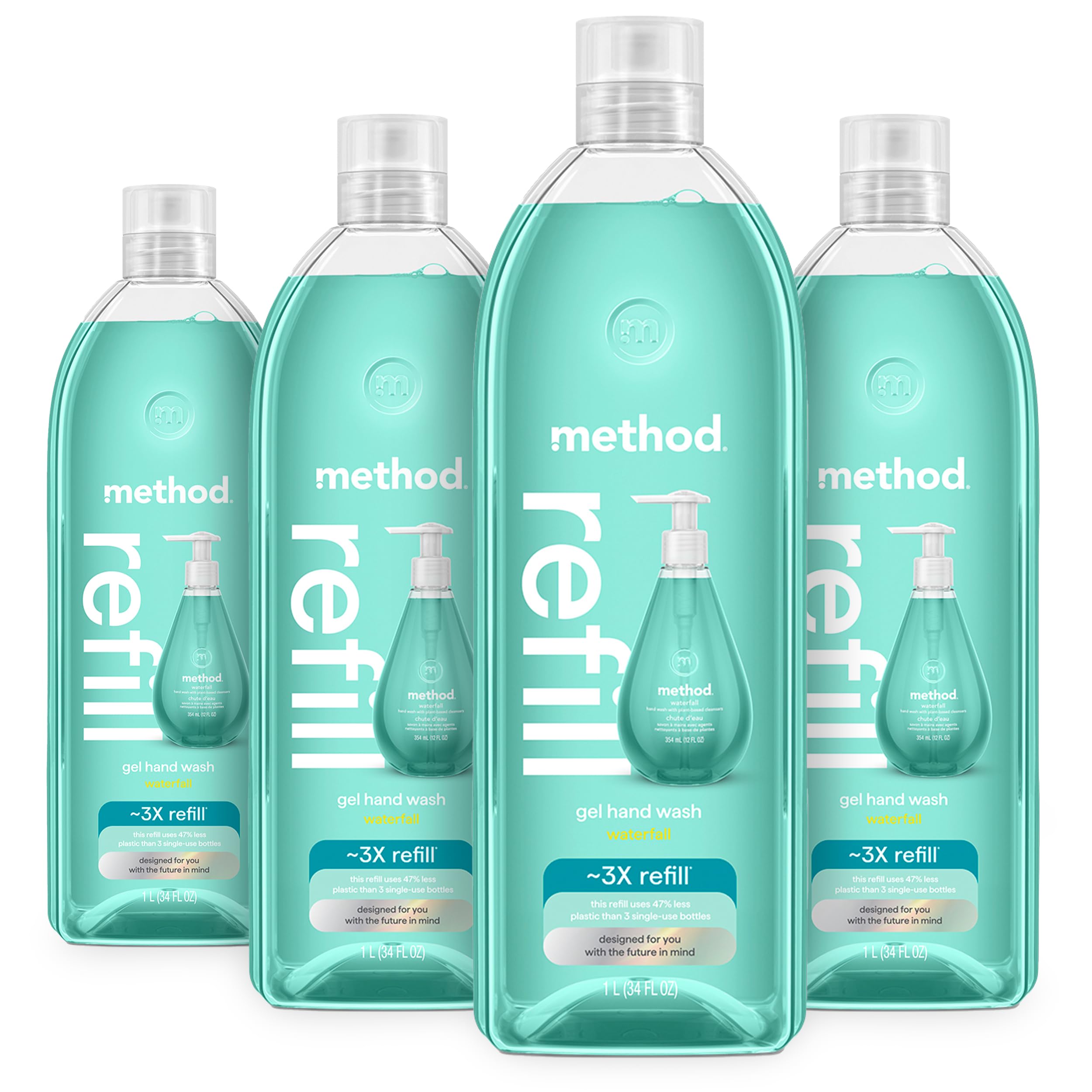 Method Waterfall refill bottle front shows recyclable packaging and sustainable handwash convenience