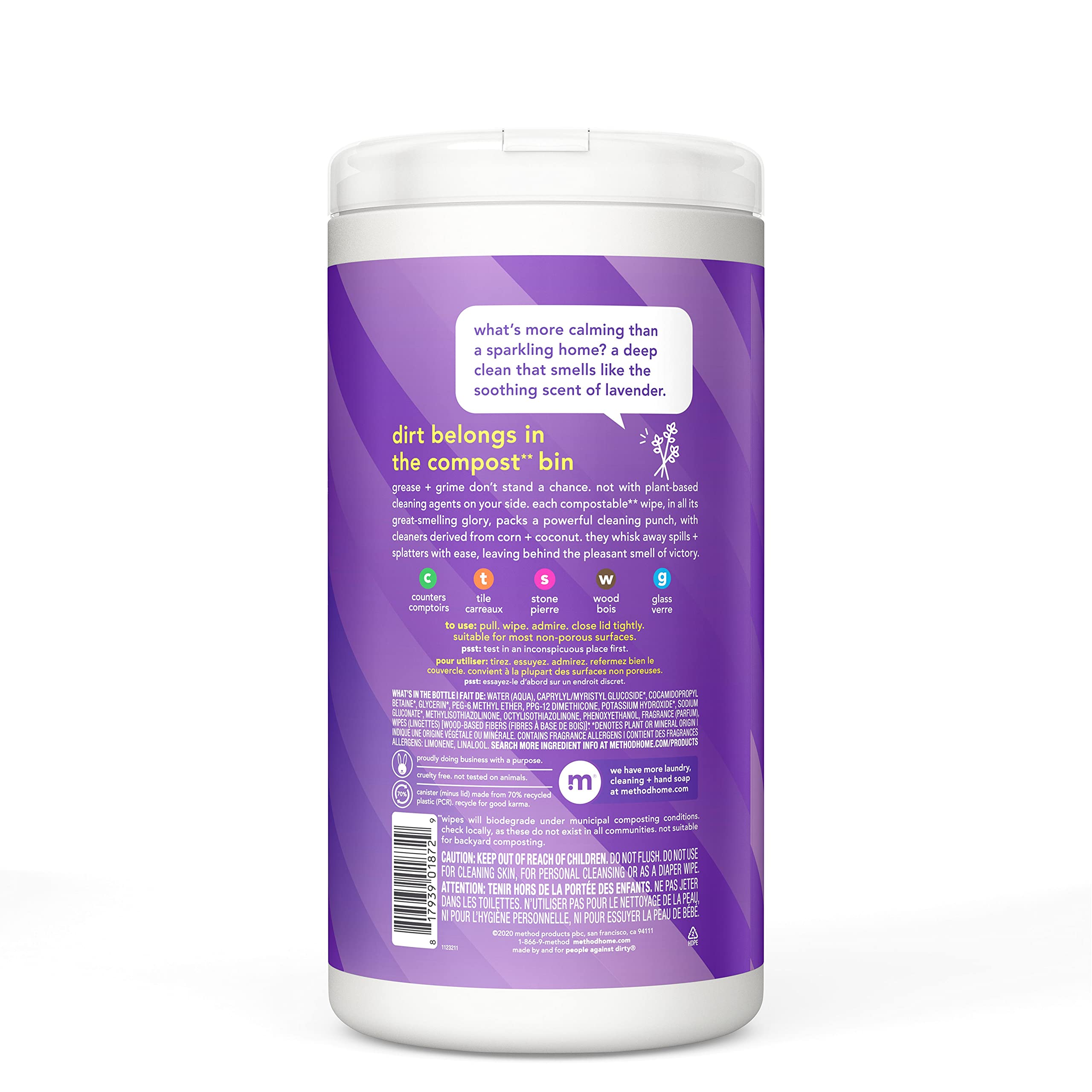 Method lavender-scent wipes used on a kitchen counter for spills.