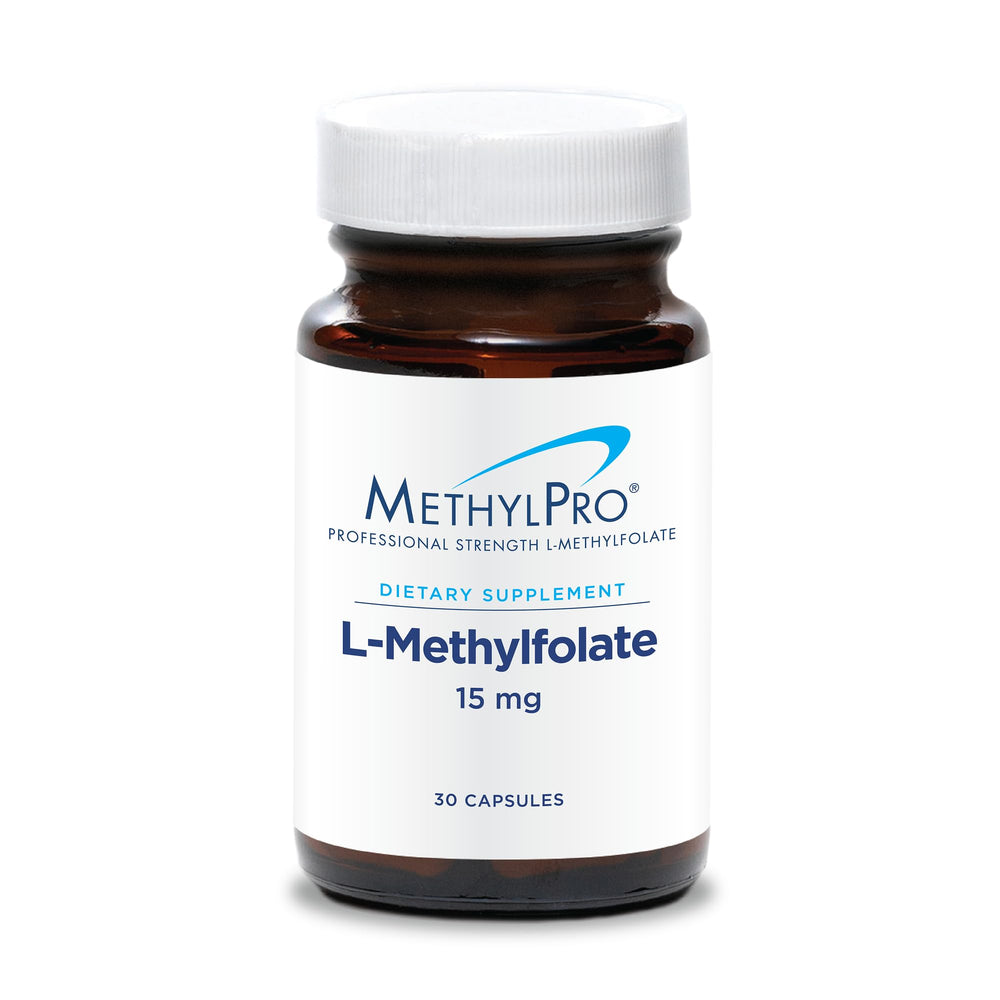 MethylPro bottle front showing professional-strength methylfolate for mood and brain support.
