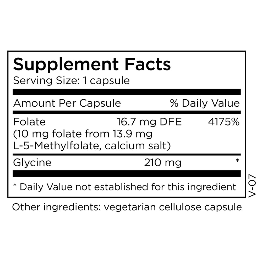 MethylPro bottle label closeup shows 10 mg active folate information.