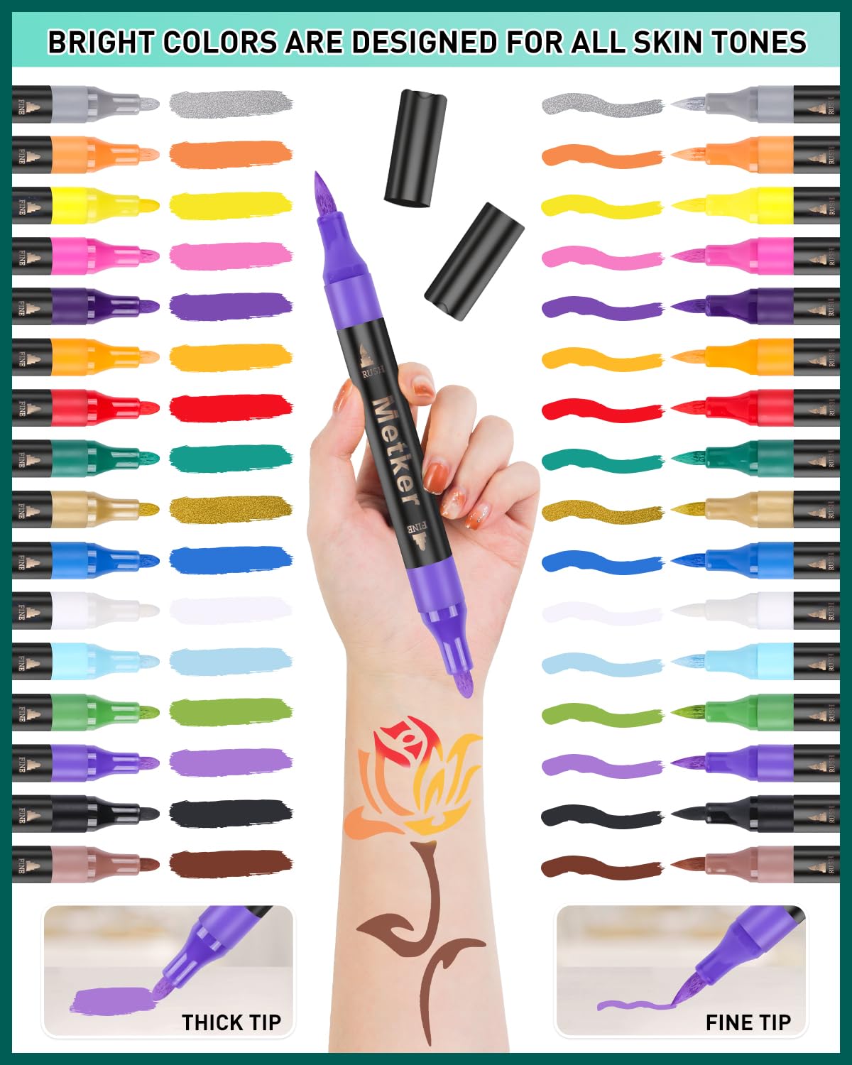 Metker skin-safe cosmetic-grade ink suitable for all skin tones.