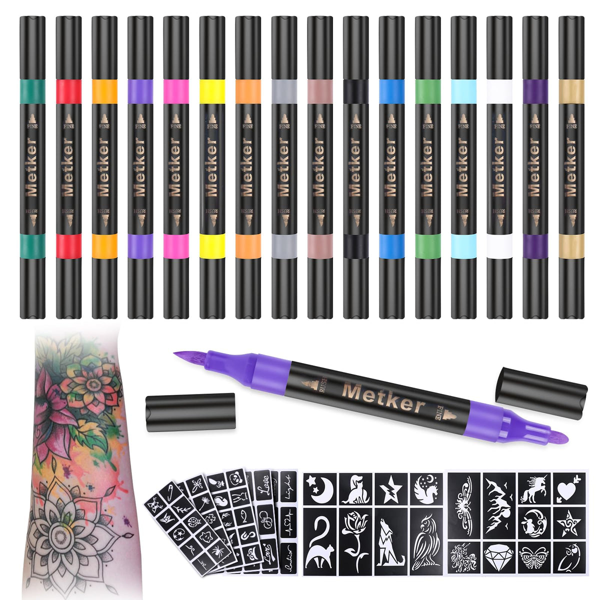Metker temporary tattoo markers in 16 colors for vibrant skin art.