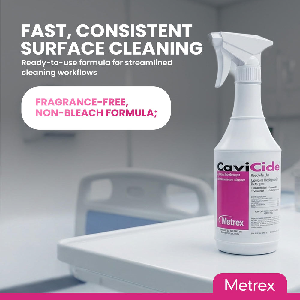 Metrex CaviCide in a clinical cleanroom scene demonstrating multi-surface care.
