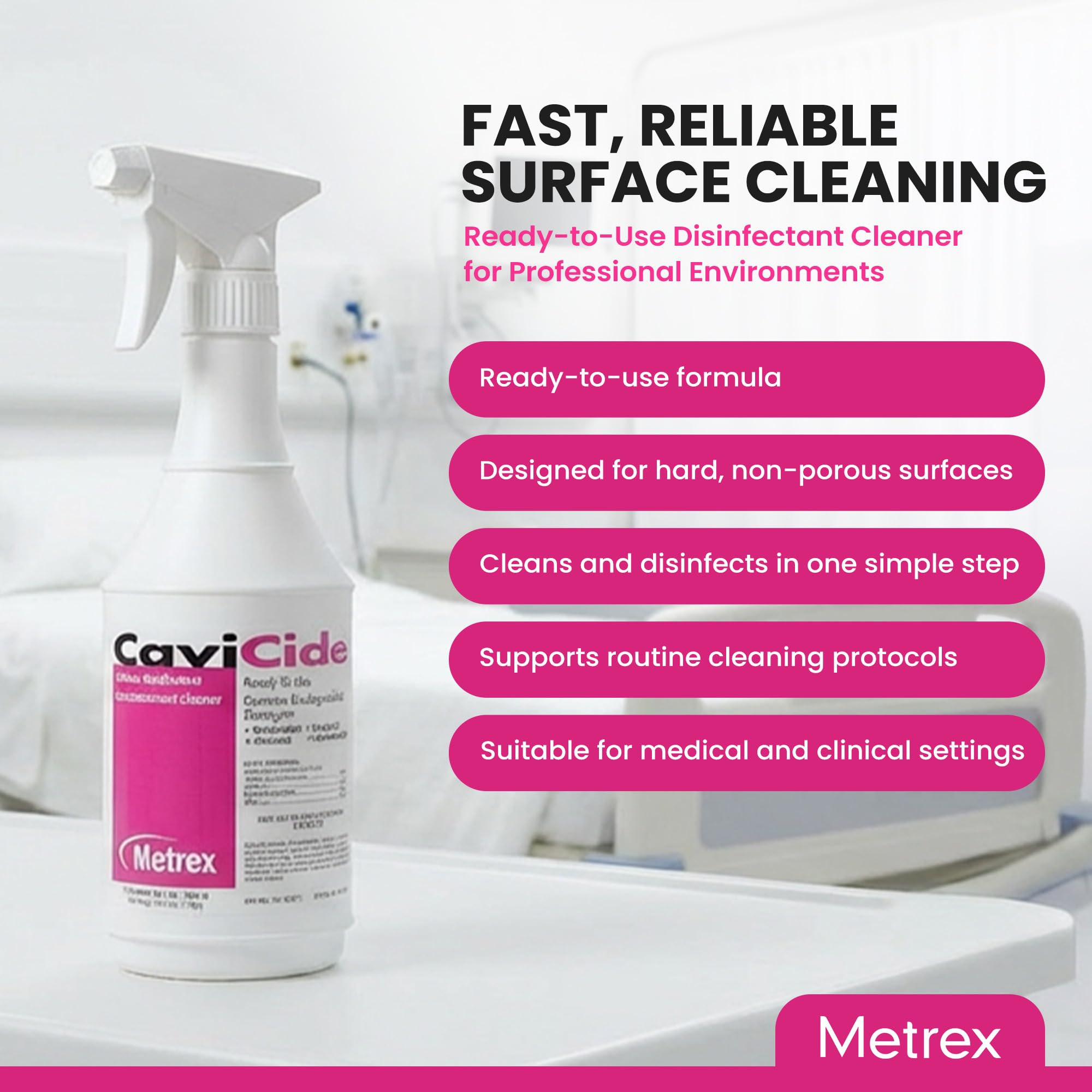 Close-up of spray nozzle dispensing disinfectant for fast hospital cleaning.