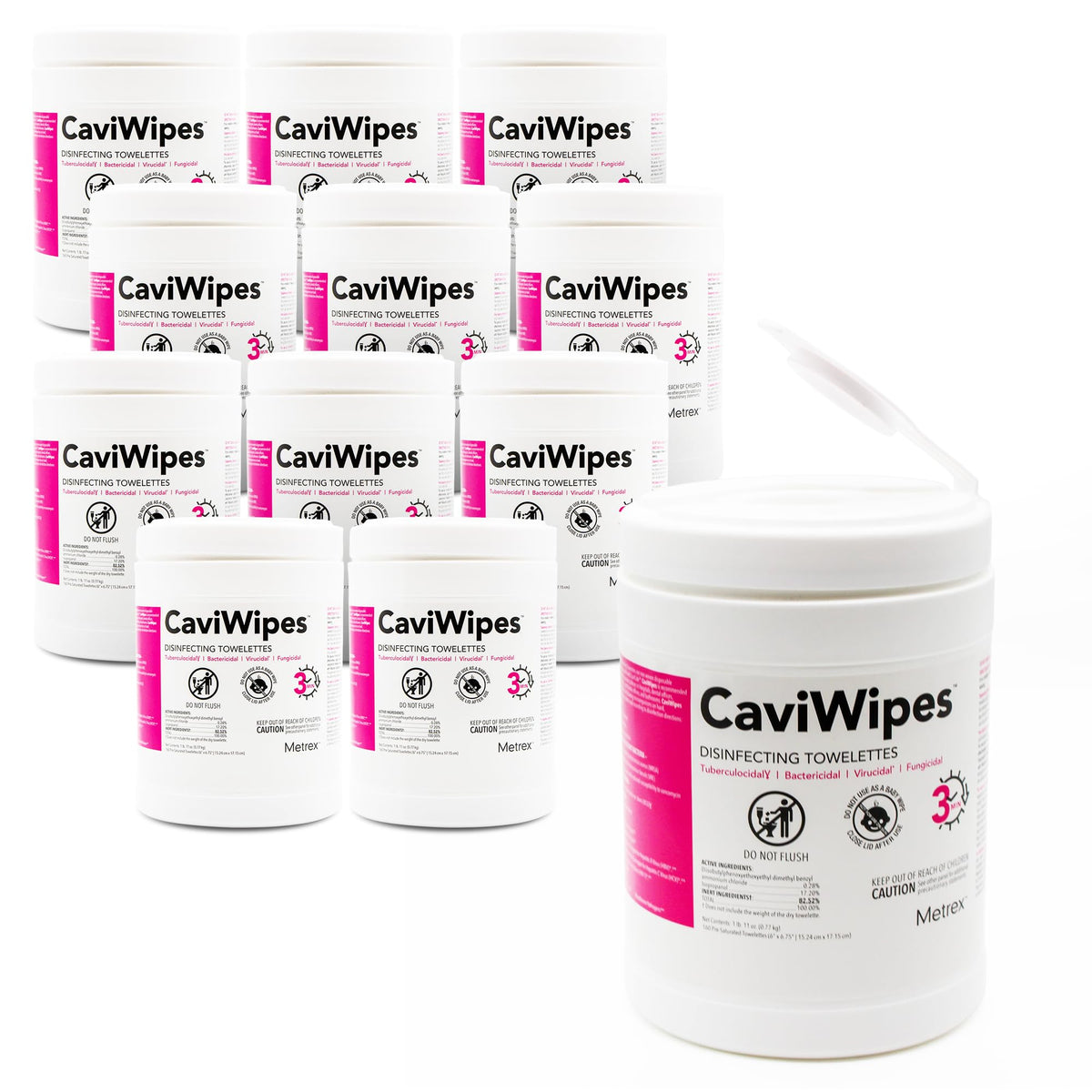 Metrex CaviWipes canister displaying 160 pre-saturated wipes for quick surface disinfection.