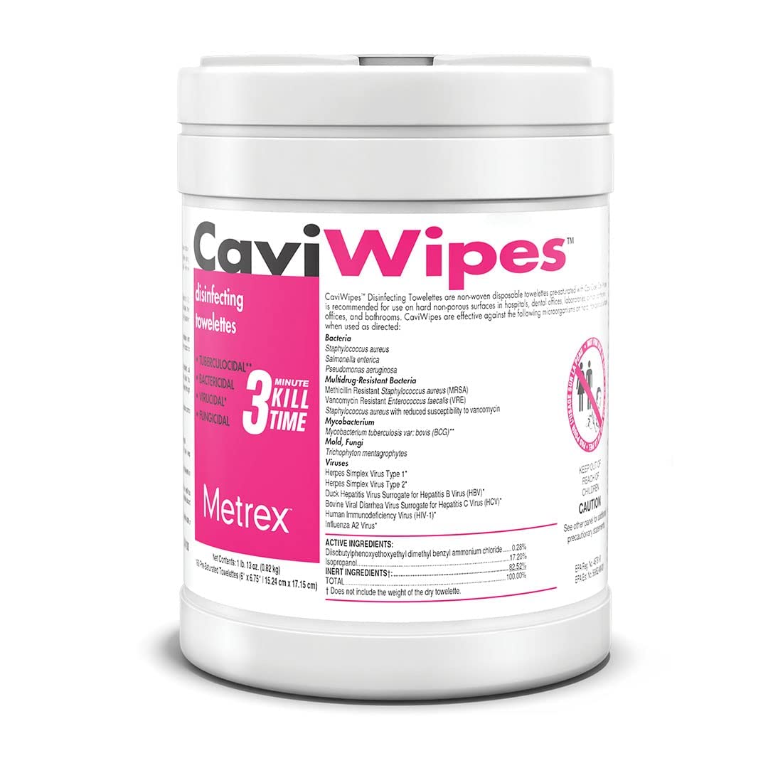 Metrex CaviWipes canister front view; fragrance-free surface sanitizer on demand.