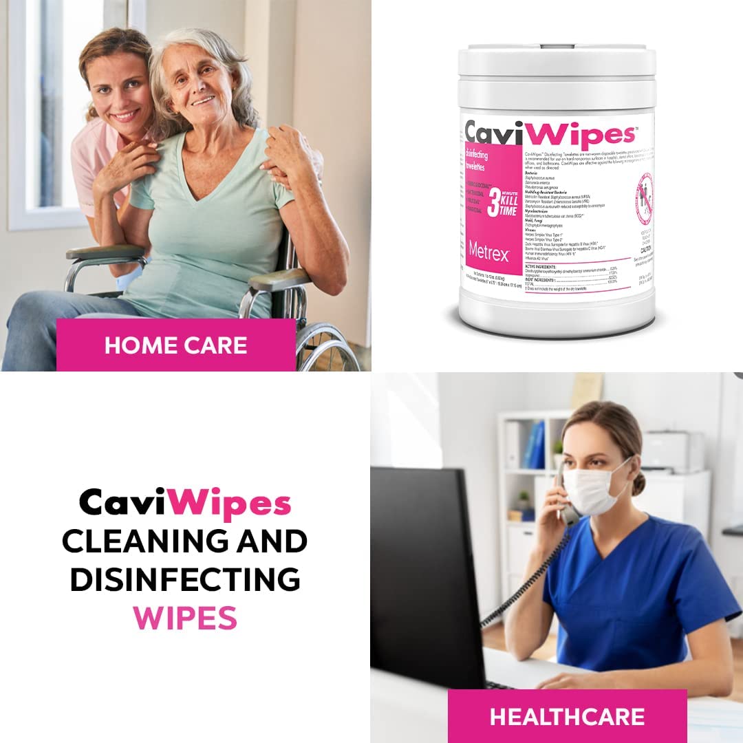 Metrex CaviWipes in use, cleaning hard non-porous surfaces efficiently.