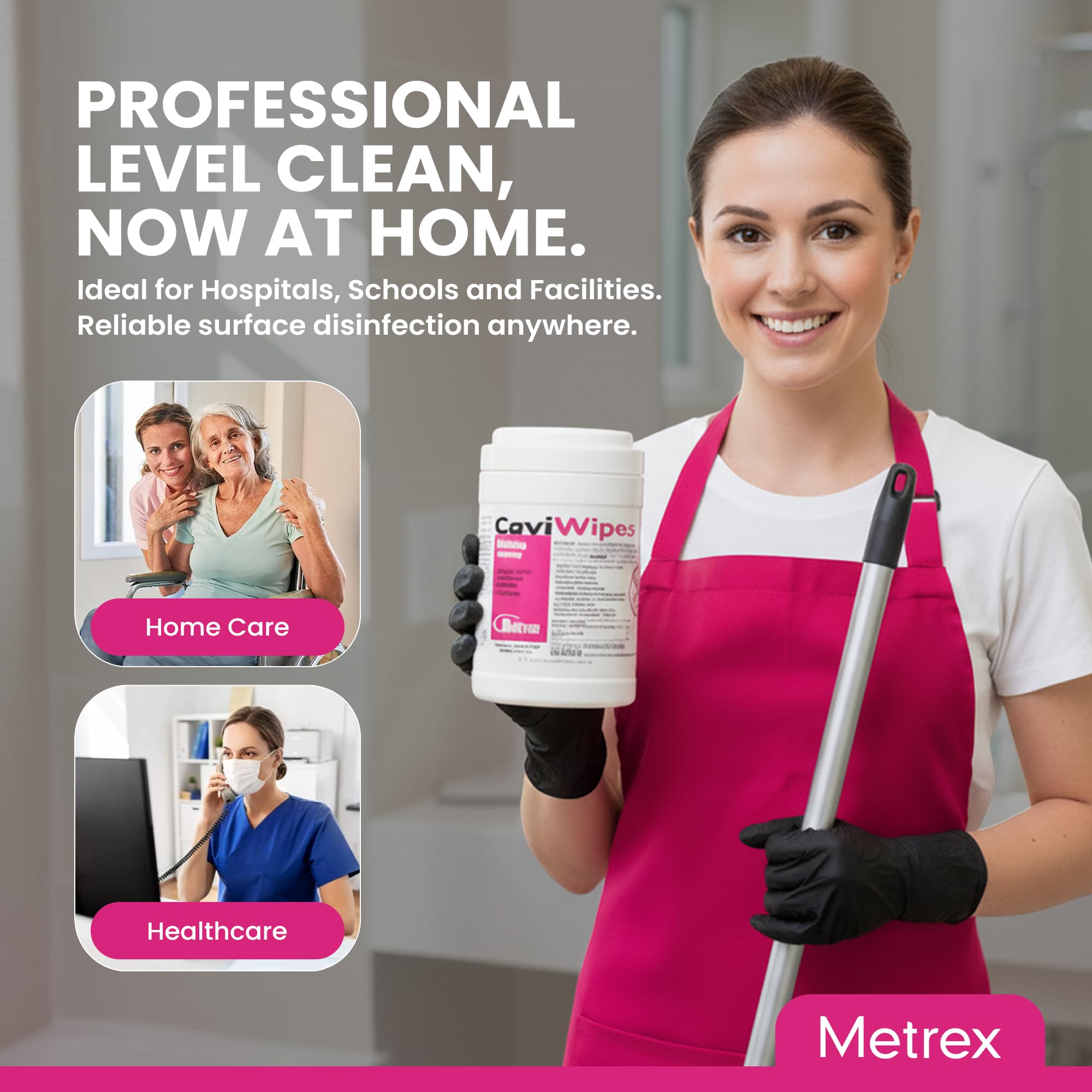Metrex CaviWipes safe on glass and plastic surfaces in clinics.