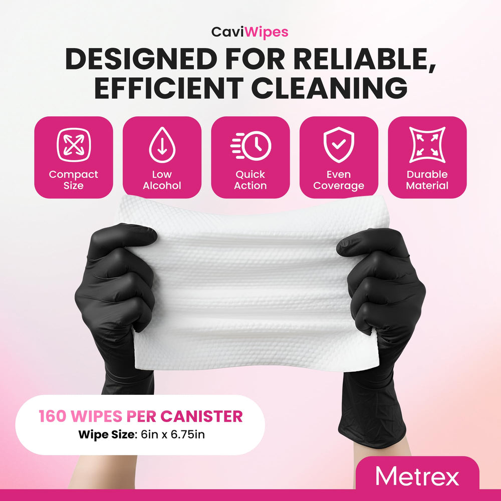 Metrex CaviWipes pack shows ready-to-use canister for quick cleaning of equipment