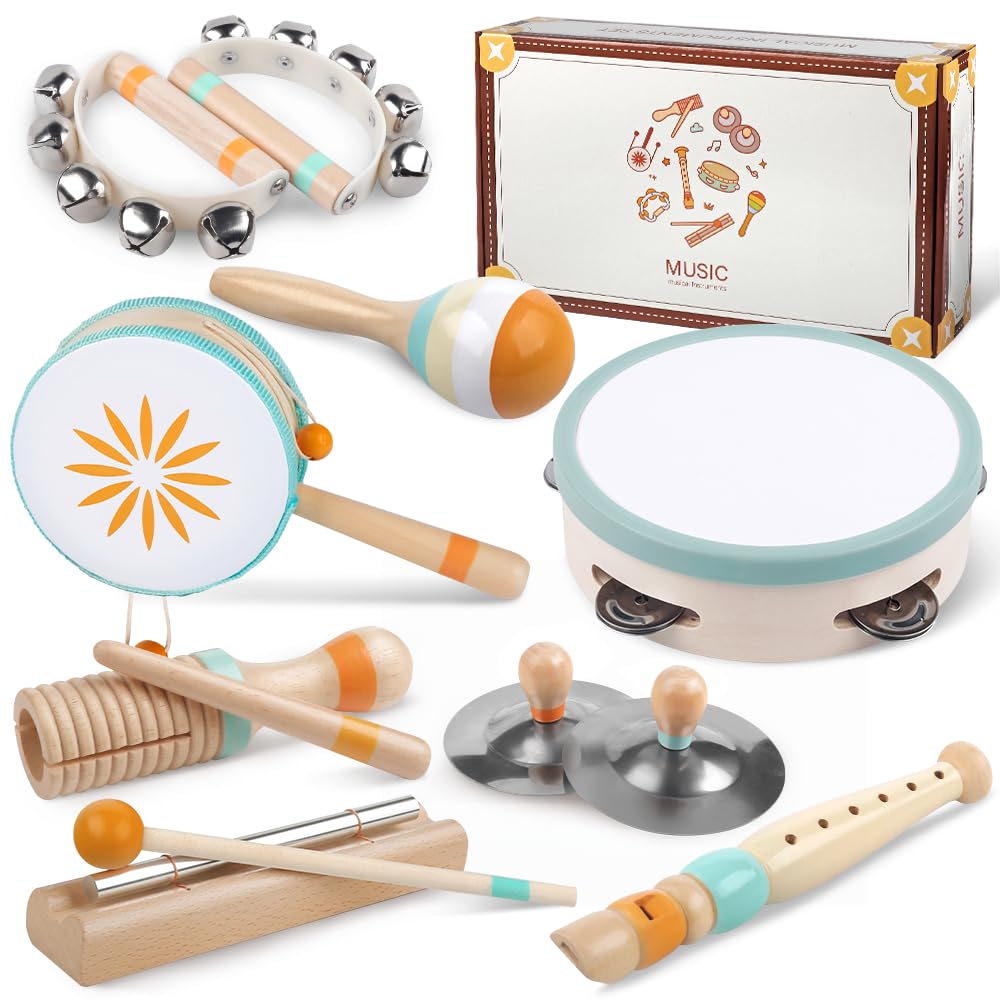 Meytccve 8-in-1 Montessori instruments for toddlers in a colorful natural set.
