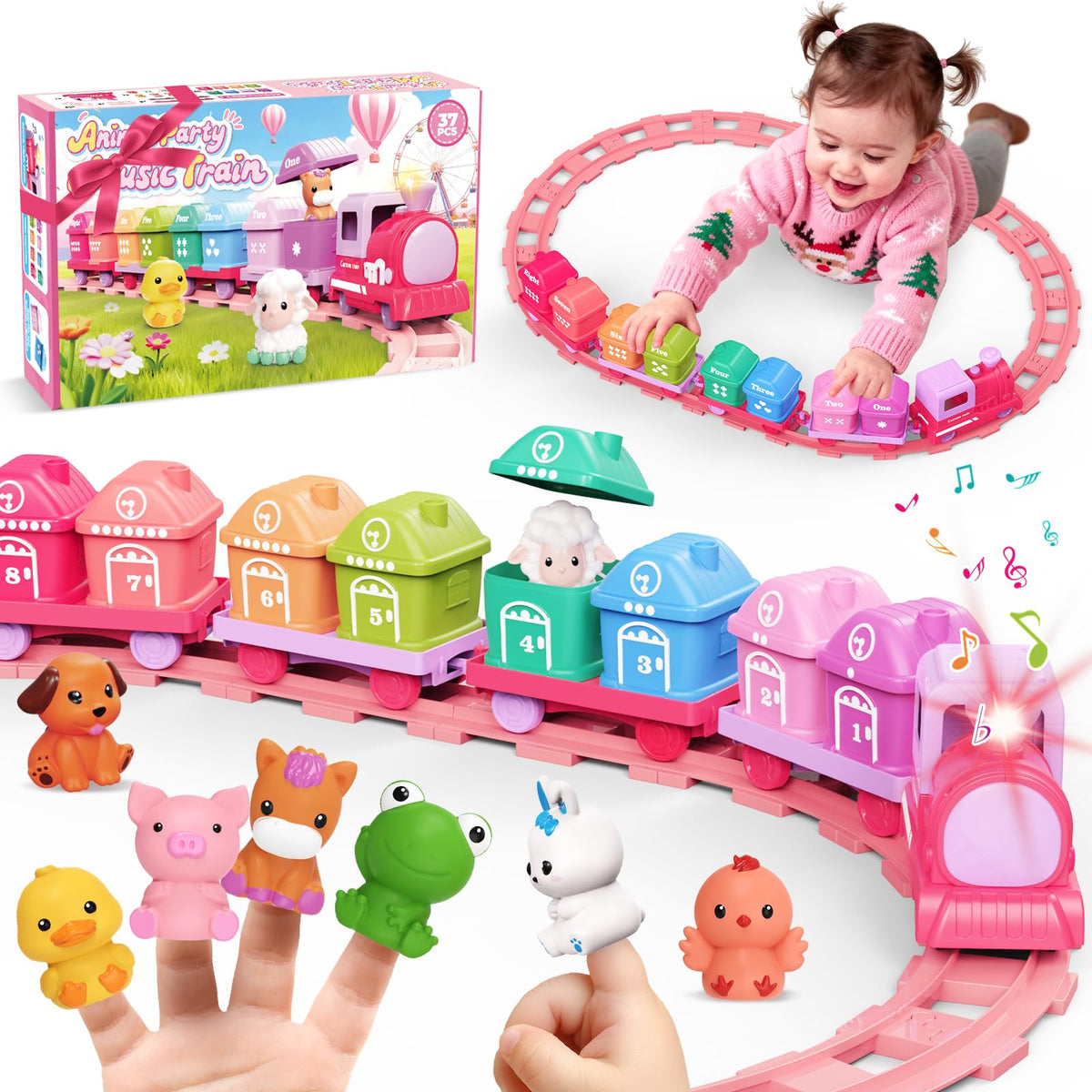 Meytccve electric train set in action, engaging toddlers with chugging motion.