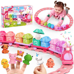 Meytccve electric train set in action, engaging toddlers with chugging motion.