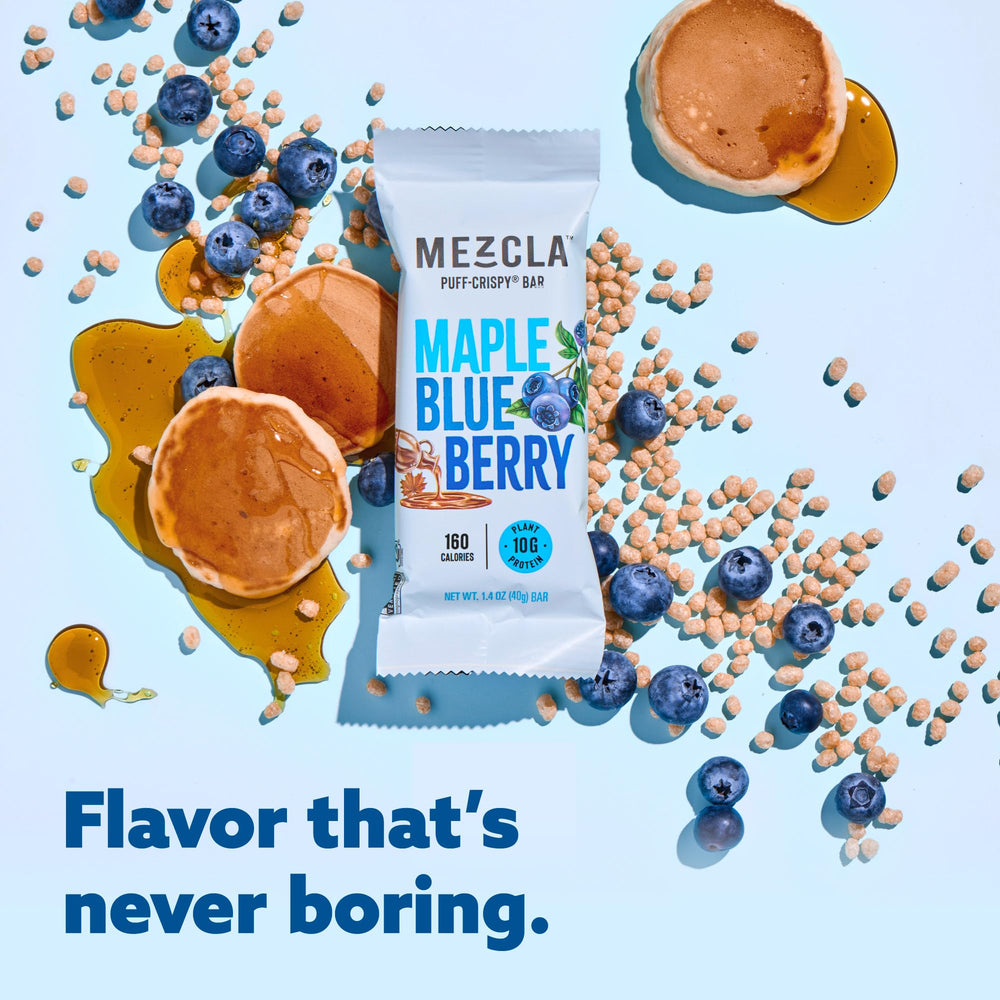 Mezcla maple blueberry bar crumbs on wood surface, perfect for a quick bite