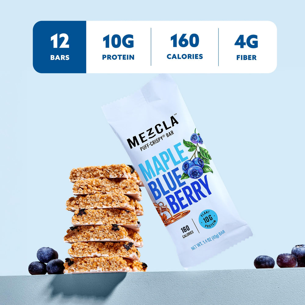 Mezcla maple blueberry bar slice showcases creamy almond butter and maple flavor for a satisfying treat