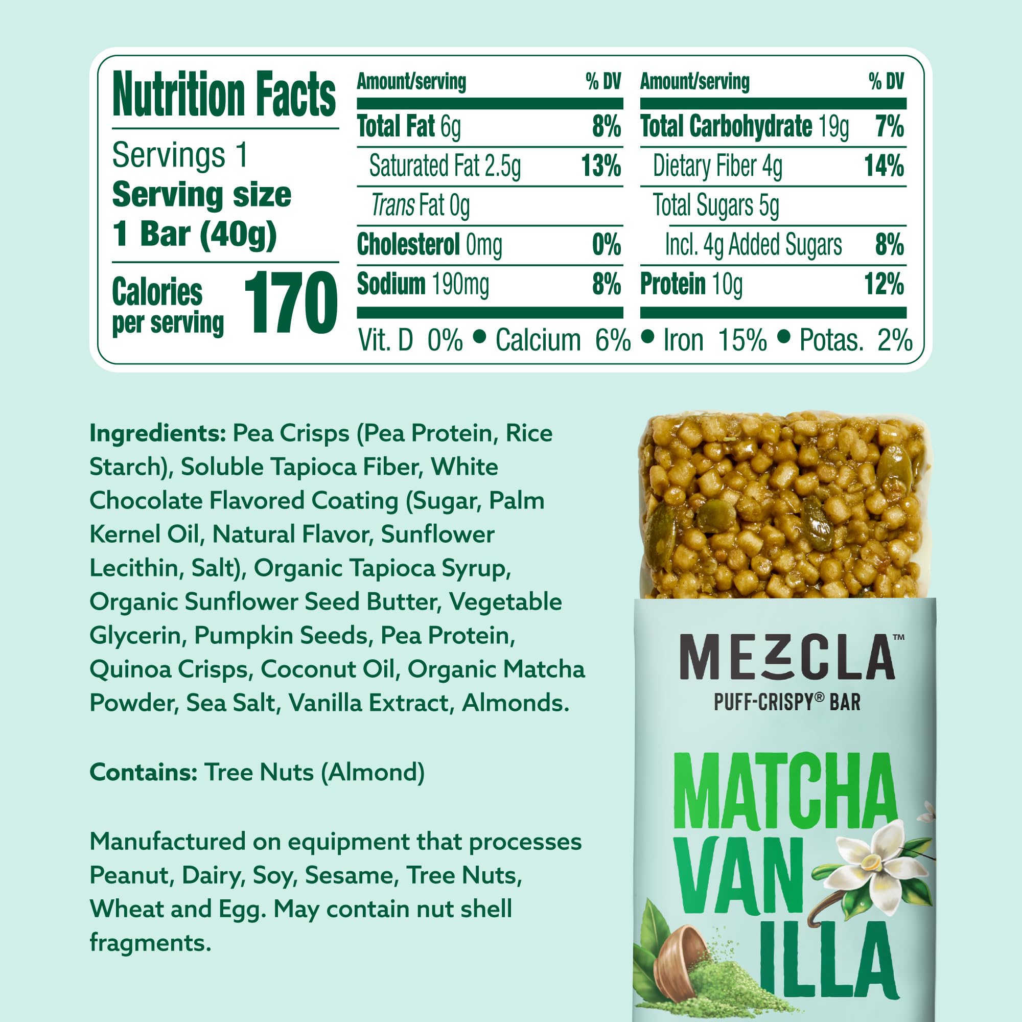 Mezcla Matcha Vanilla bar front view showcases bold flavor for energizing breaks.