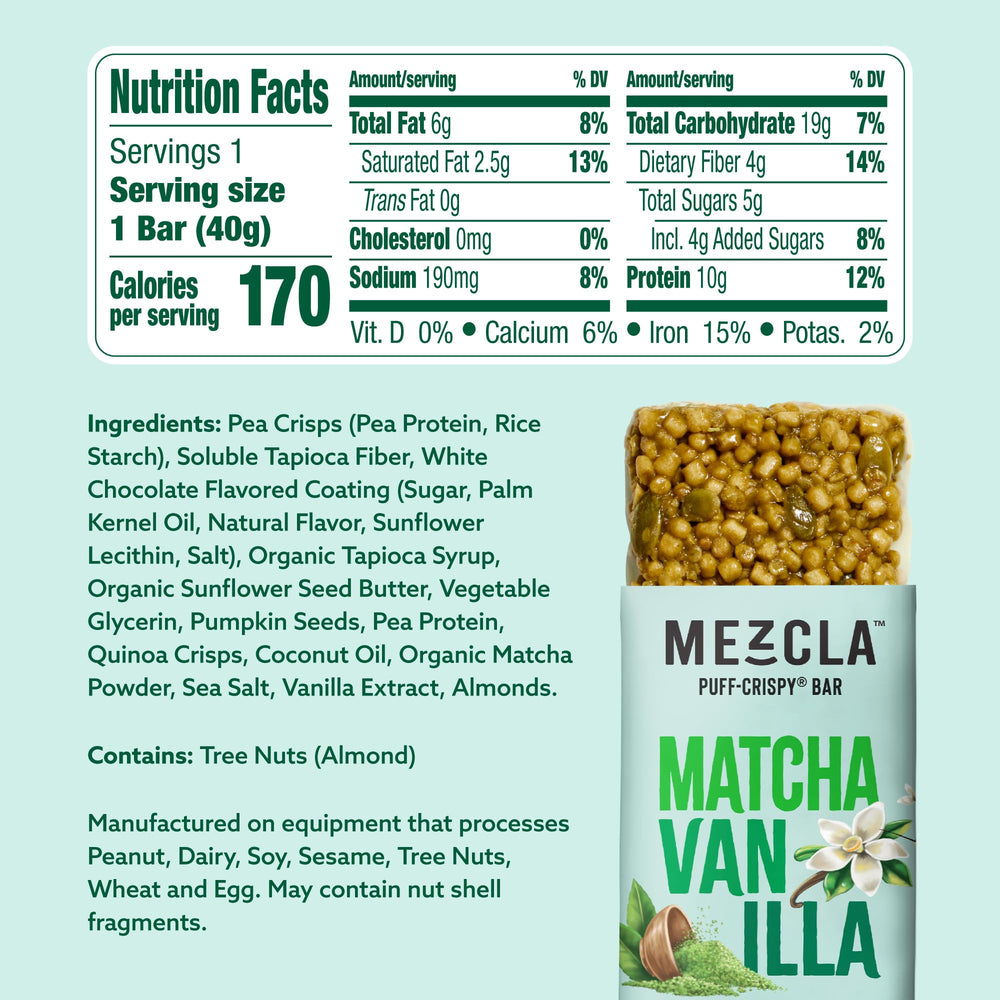 Mezcla Matcha Vanilla bar front view showcases bold flavor for energizing breaks.