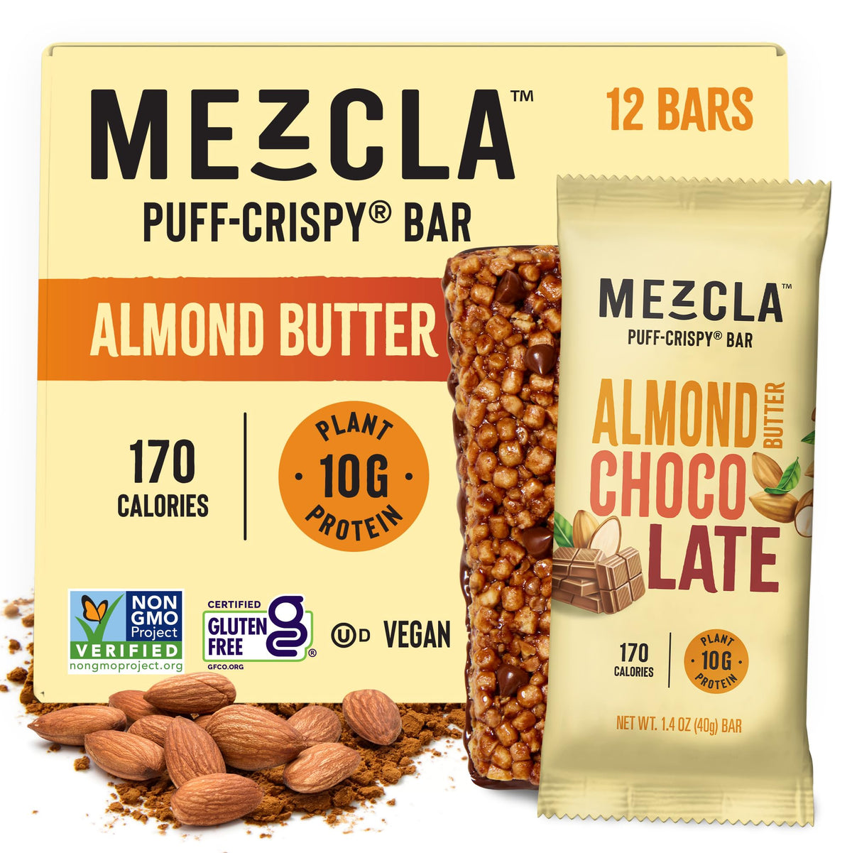 Mezcla Puff-Crispy Bar Almond Butter Chocolate pack, gluten-free vegan snack on the go.