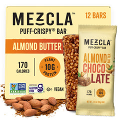 Mezcla Puff-Crispy Bar Almond Butter Chocolate pack, gluten-free vegan snack on the go.