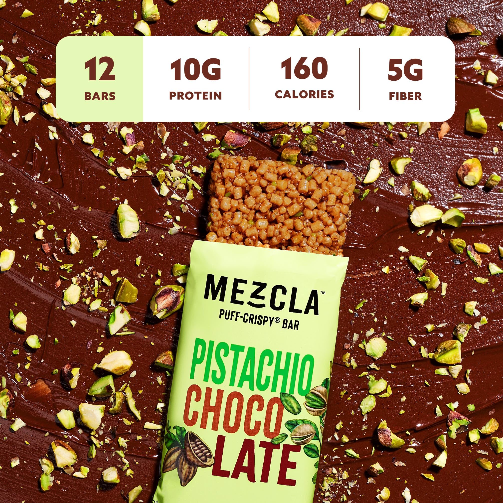 Mezcla Puff Crispy Bar pistachio chocolate break-open; convenient snack option.