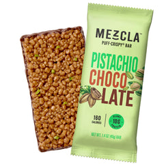 Mezcla Puff Crispy Bar pistachio chocolate packshot; gluten-free vegan protein.