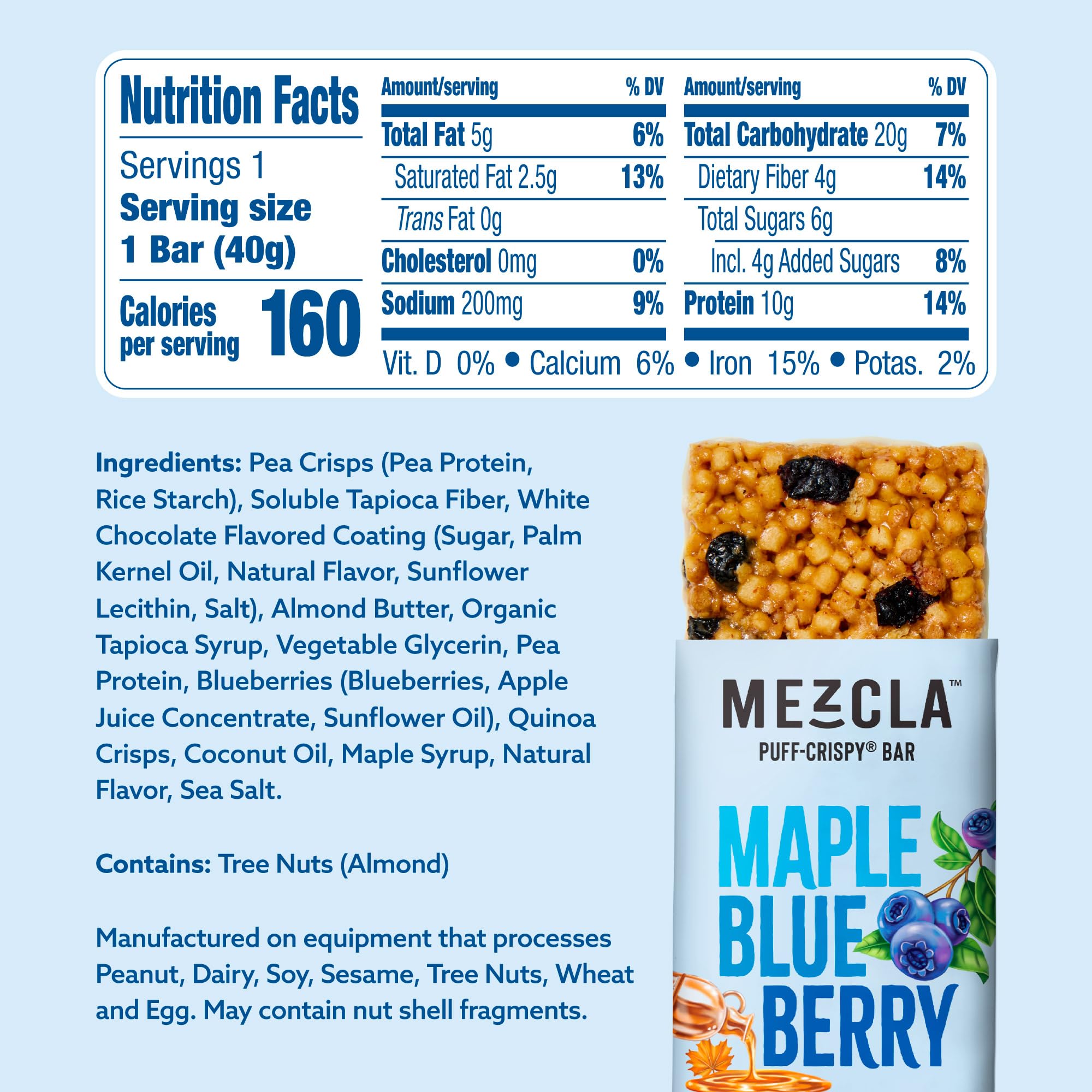Mezcla puff-crispy maple blueberry bar texture closeup highlights crunchy pea crisps for a satisfying bite