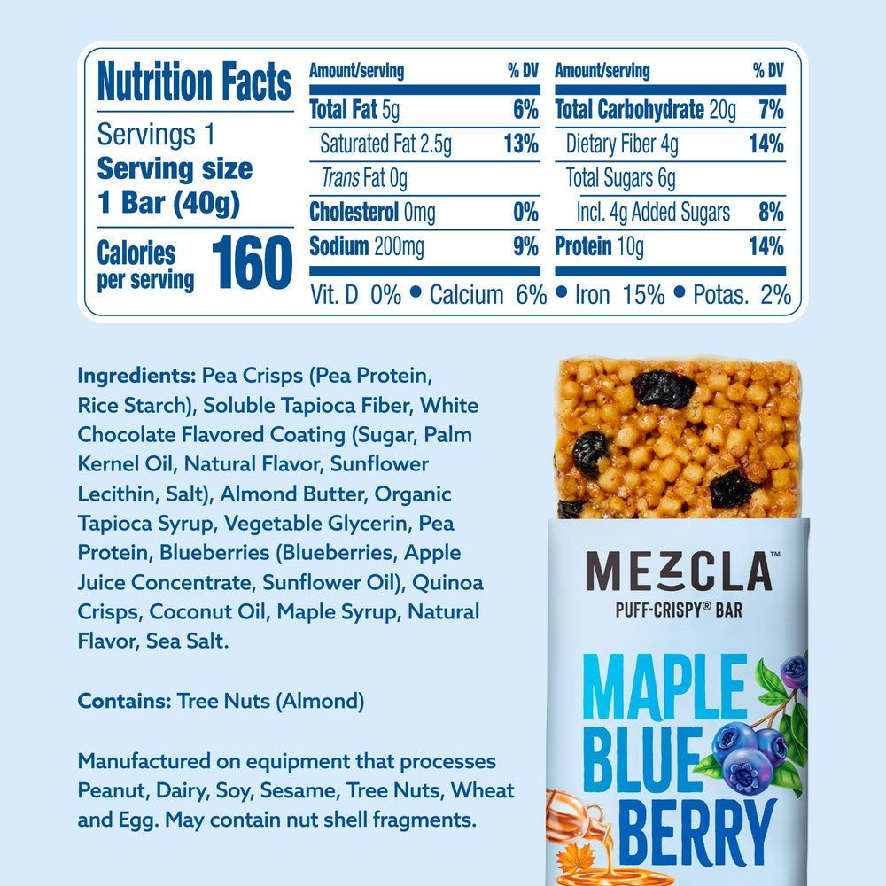 Mezcla puff-crispy maple blueberry bar texture closeup highlights crunchy pea crisps for a satisfying bite