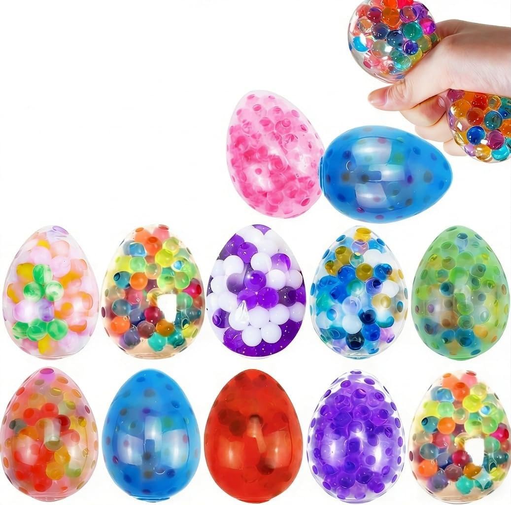 MEZHOBBY 12-piece Easter egg stress balls in vibrant colors for quick stress relief.