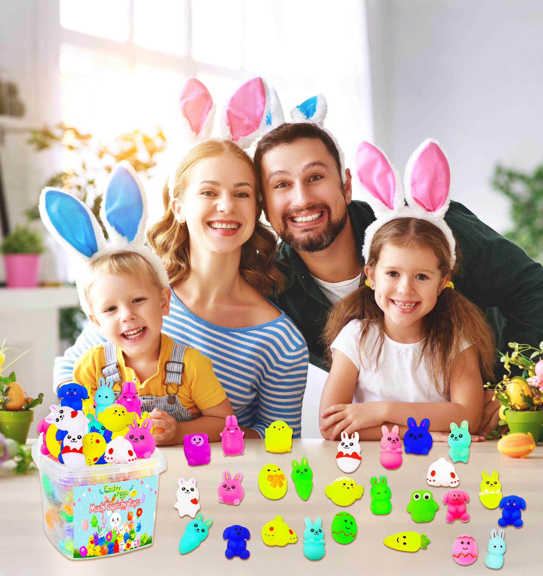MEZHOBBY Easter Mochi Squishy Toys with storage box for easy cleanup and reuse.