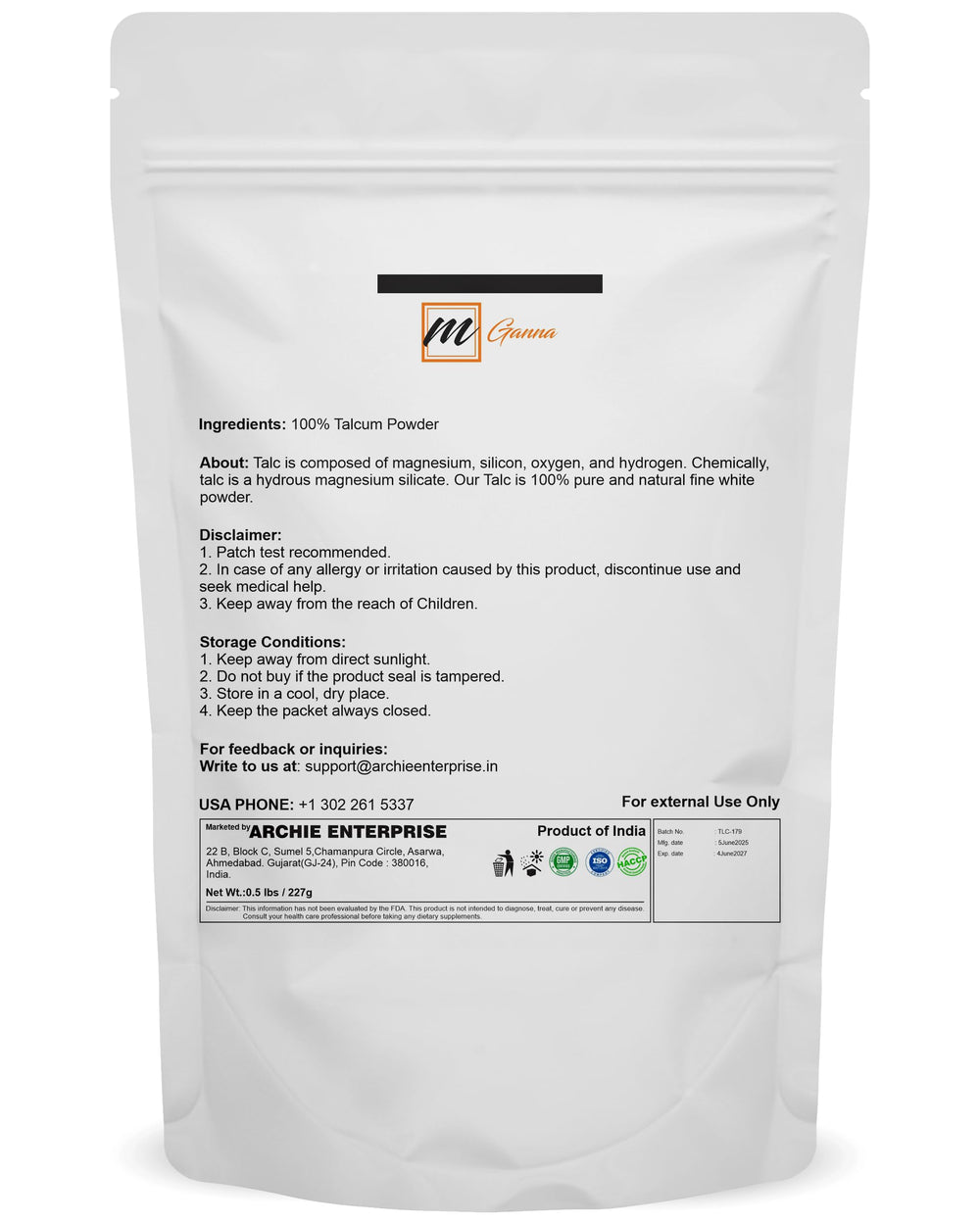 mGanna talc powder packaging highlighting cosmetic-grade purity and versatility