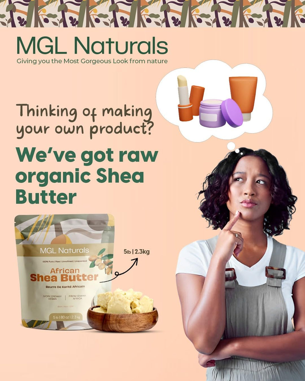 Ghana-origin fair-trade sourcing of MGL Naturals Shea Butter.