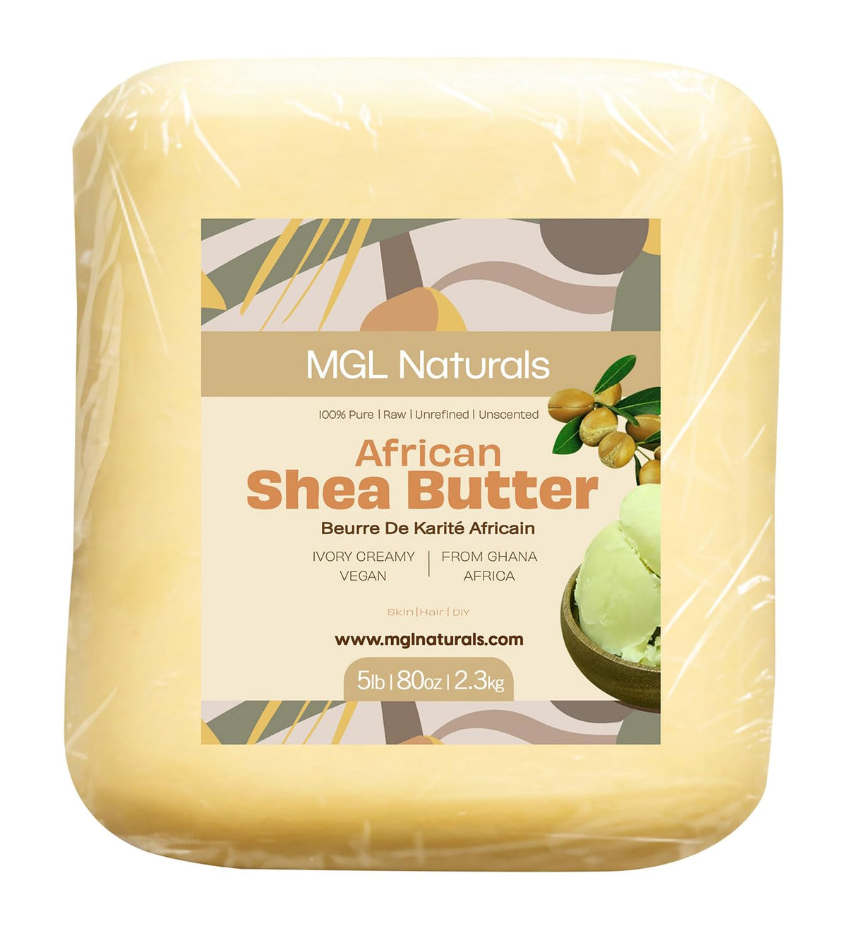 MGL Naturals Ivory Shea Butter 5 lb packaging for daily skin and hair care.